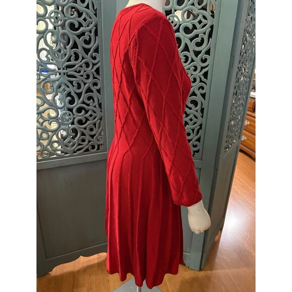 J Howard Red Sweater Dress-Fit and Flare Pleated-Holiday Diamond Pattern Knit-L - Picture 6 of 11